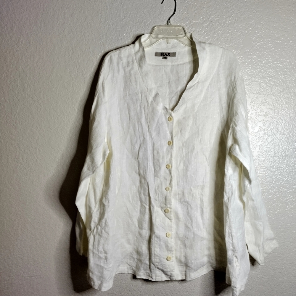 Flax V Neck Linen Lagenlook Button Down Long Sleeve Tunic Top Sz 1X